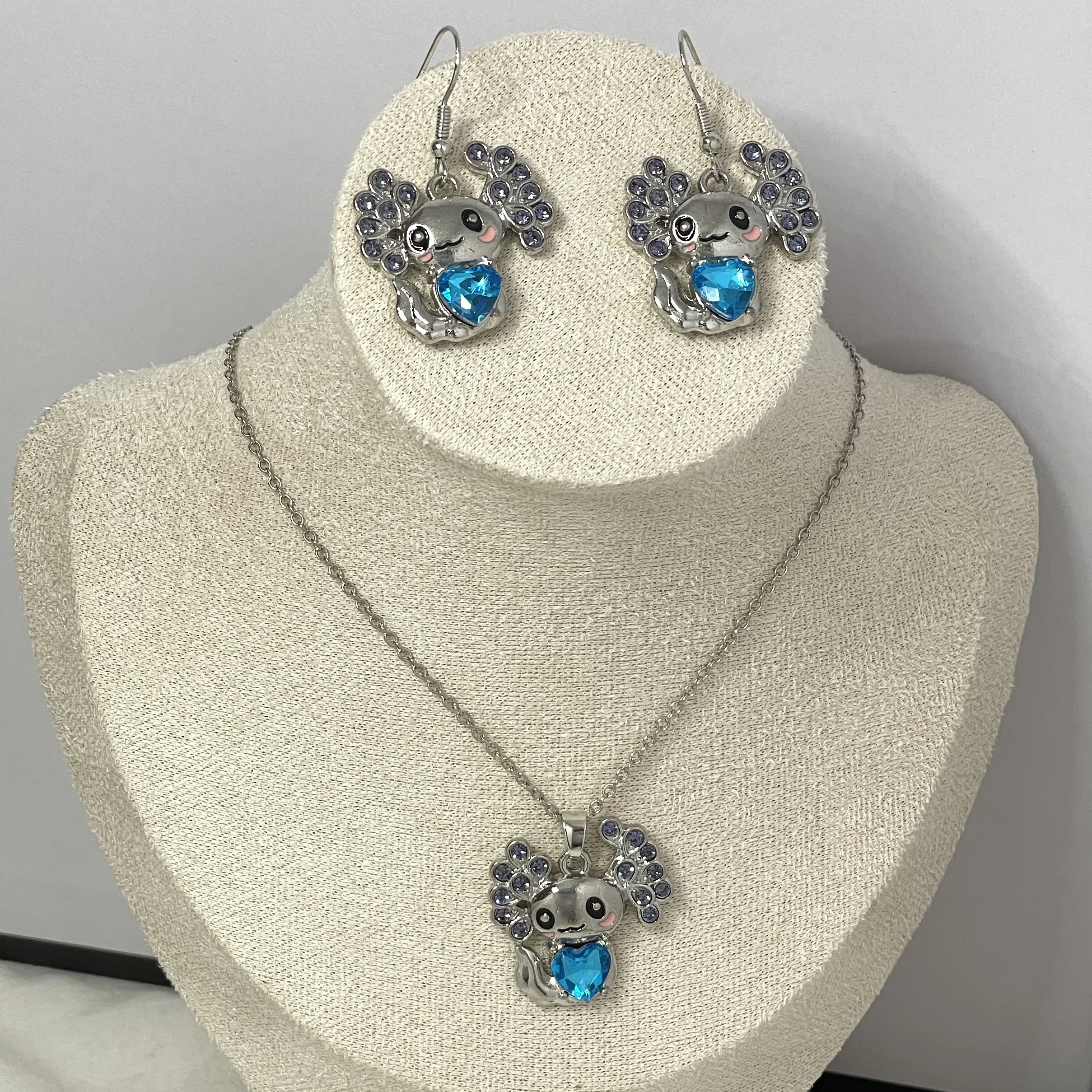 Cute Blue Axolotl Zircon Cartoon Pendant Necklace Lady\'s Fashion Animal Jewelry Set Luxury Personalized Birthday Love Party Gift