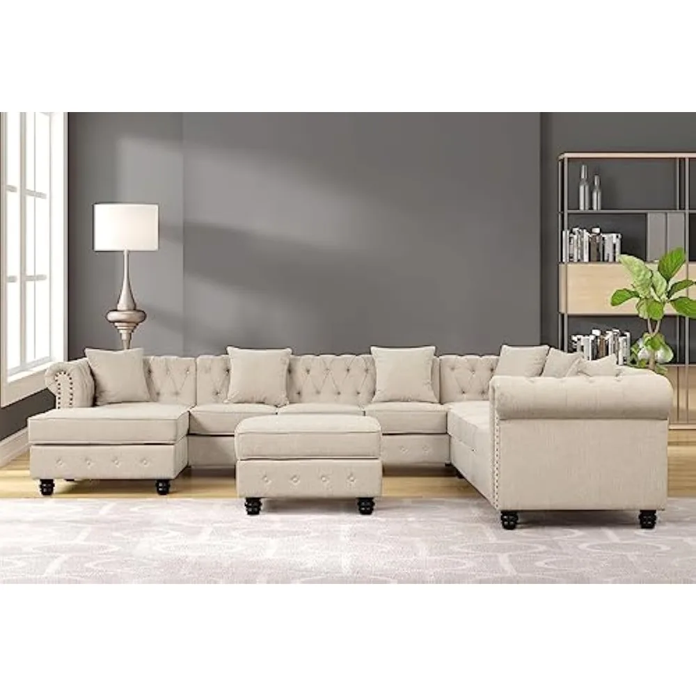 

Modular Convertible Sectional U-Shape Polyester Fabric Sofa with Chaise Accent Tufted Couch for Living Room