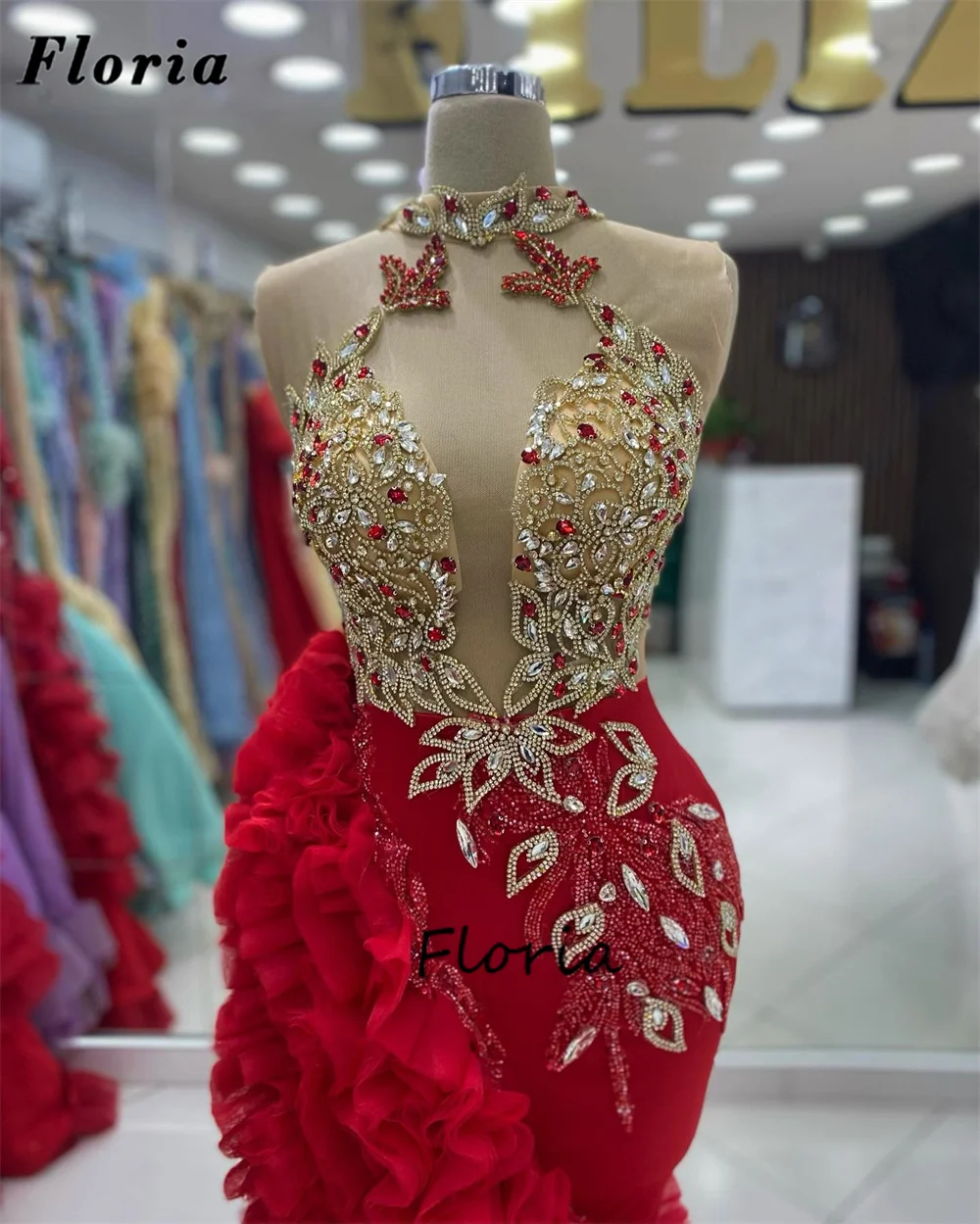 Luxury Red Beaded Evening Dresses Robes De Soiree 2024 Tiered Mermaid Party Dress Arabic Long Women Birthday Engagement Gowns