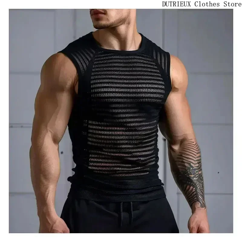 Chaleco negro Punk de calle para hombre, camiseta Sexy transparente sin mangas para hombre, chaleco hueco para ejercicio físico, camiseta sin mangas