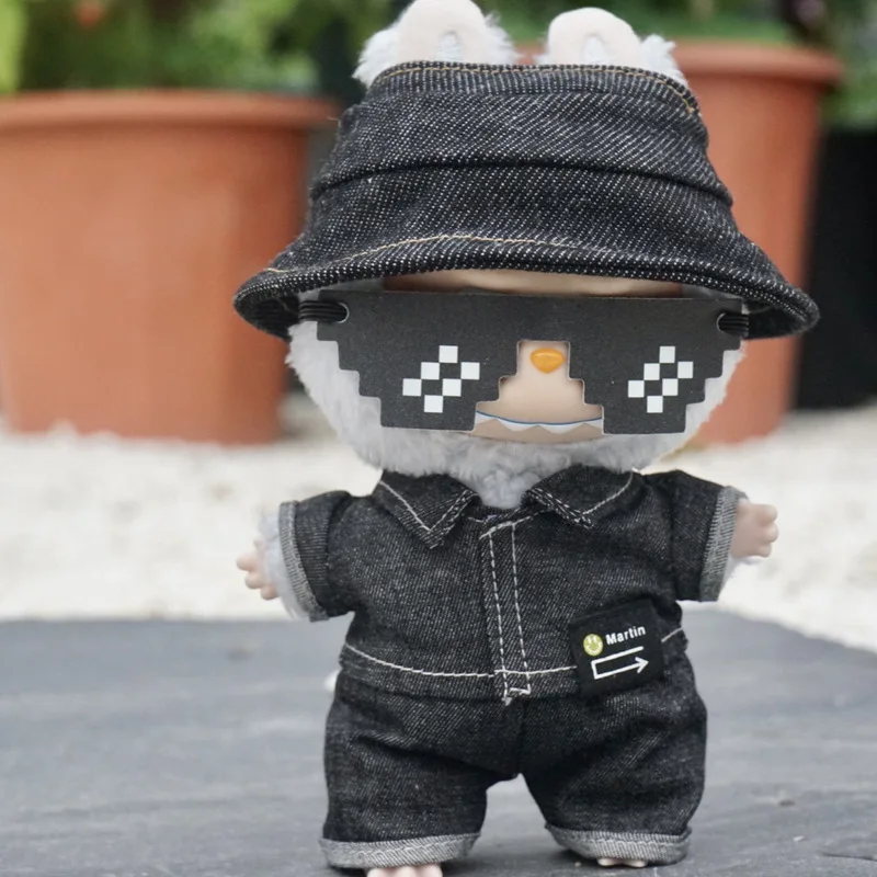 

17cm Labubu Clothes Sunglasses Denim Shorts Short Sleeves Suit Fashion Fisherman Hat Glue Doll Wear Clothes Accessories Gift