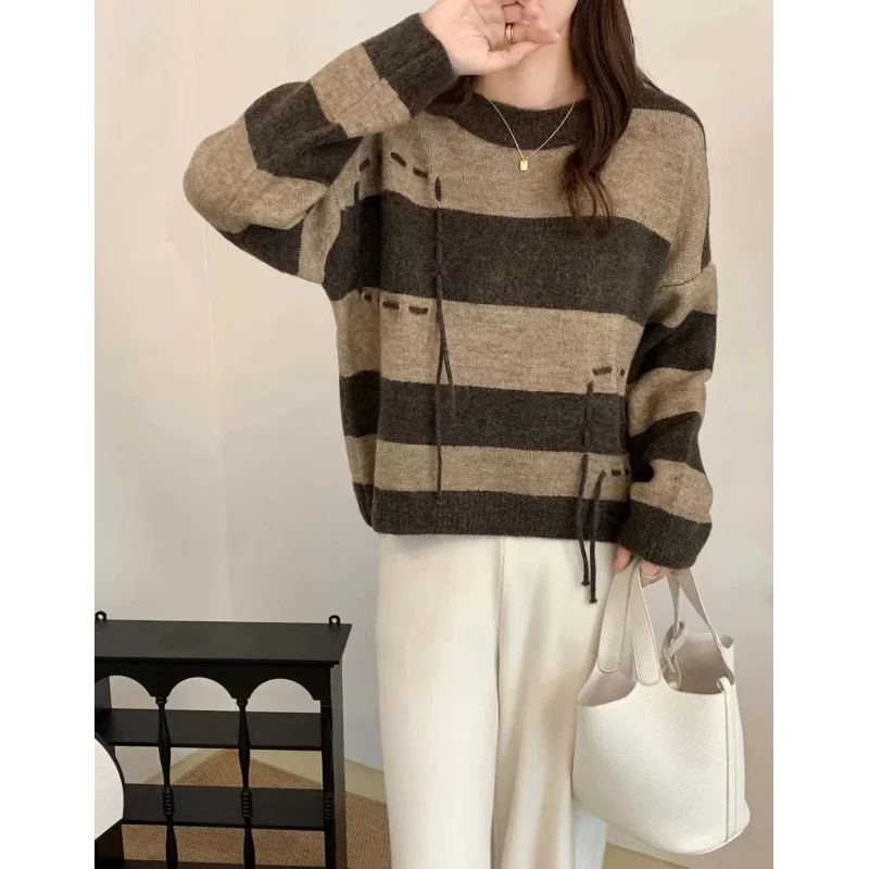 

Striped Contrast Color Pullover Women's Niche Idle Style Ribbon Sweater Inner Bottoming Top Tide