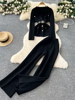 SINGREINY Office Lady Knitted Suits Female Long Sleeve Notched Collar Tops+Wide Legs Pants Women Winter Fashion Thick 2pcs Set - Image 4