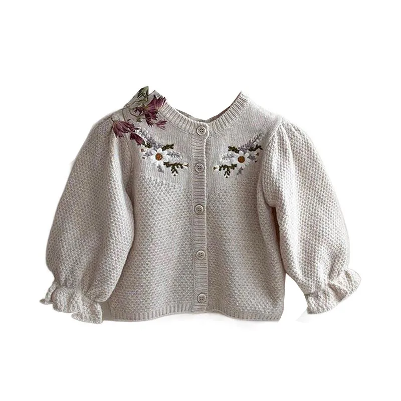 2024 Spring Autumn Infant Girls Cardigan Cotton Embroidery Floral Knitted Sweaters Plaid Lantern Sleeve Coat Baby Girls Outfits