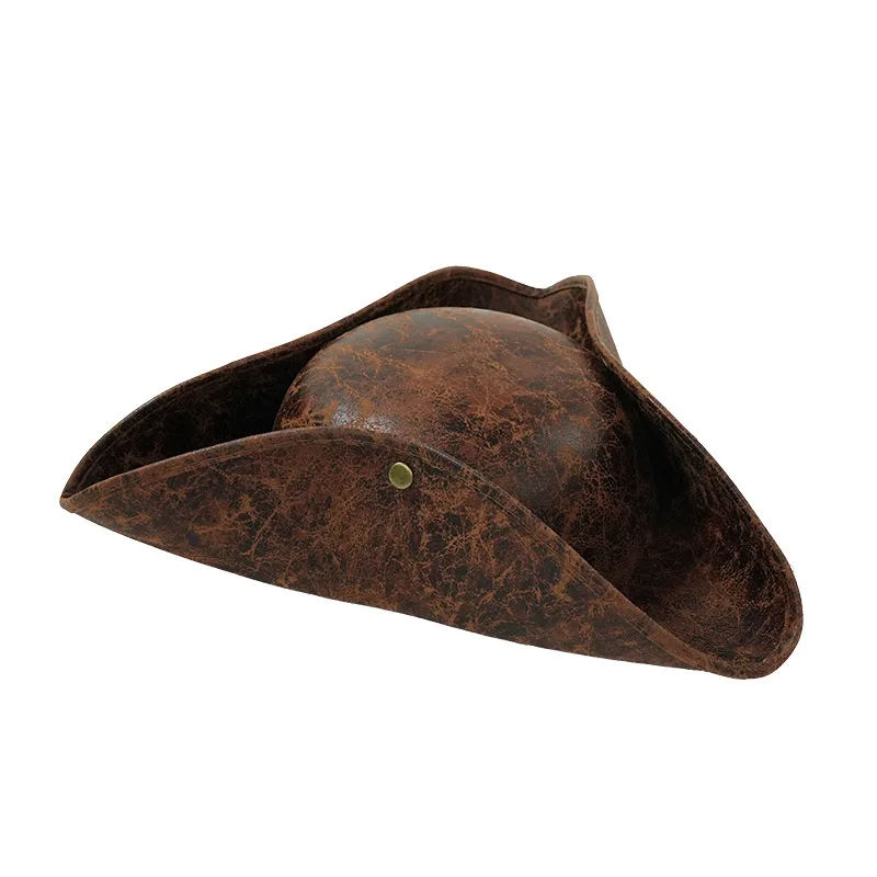 Brown Faux Leather Pirate Hat,Tricorn Pirate Hat,Novelty Leather Pirate Hat for Men Women Halloween Cosplay Costume Accessories
