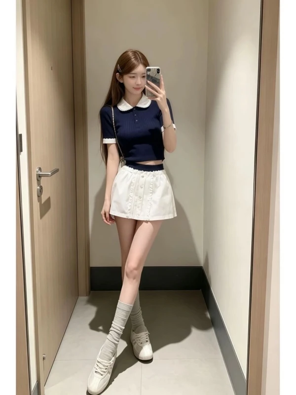 

Summer Beautiful College Style Blue Short Sleeve Top And Skirt Two-Piece Set Youthful Looking Elegant Fashionable Wome...