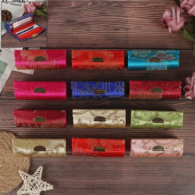 1Pc Portable Embroidered Lipstick Case Storage Jewelry Holder Random Retro Flower Design Lipstick Display Box With Mirror