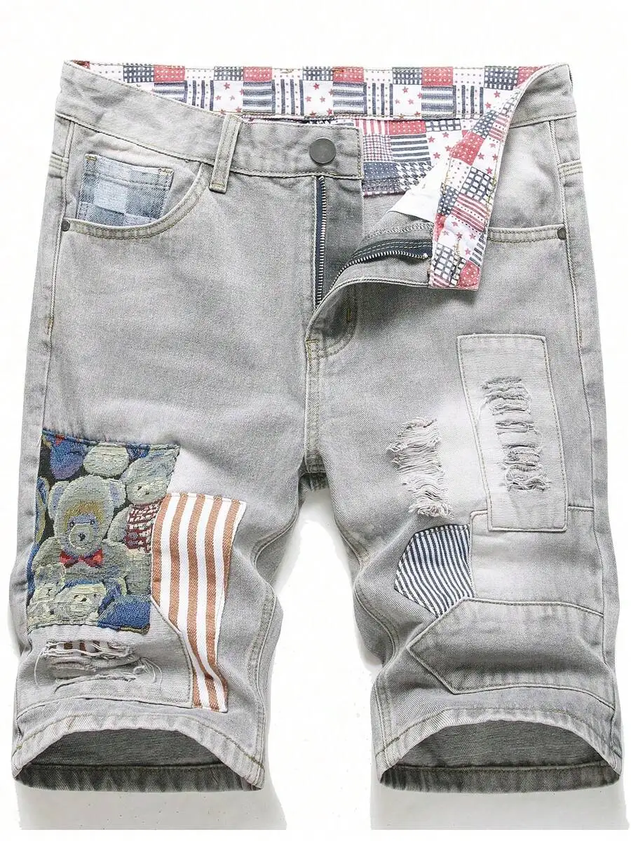 

Mens Gray Patchwork Ripped Denim Shorts Casual Streetwear With Teddy Bear And Striped Appliques