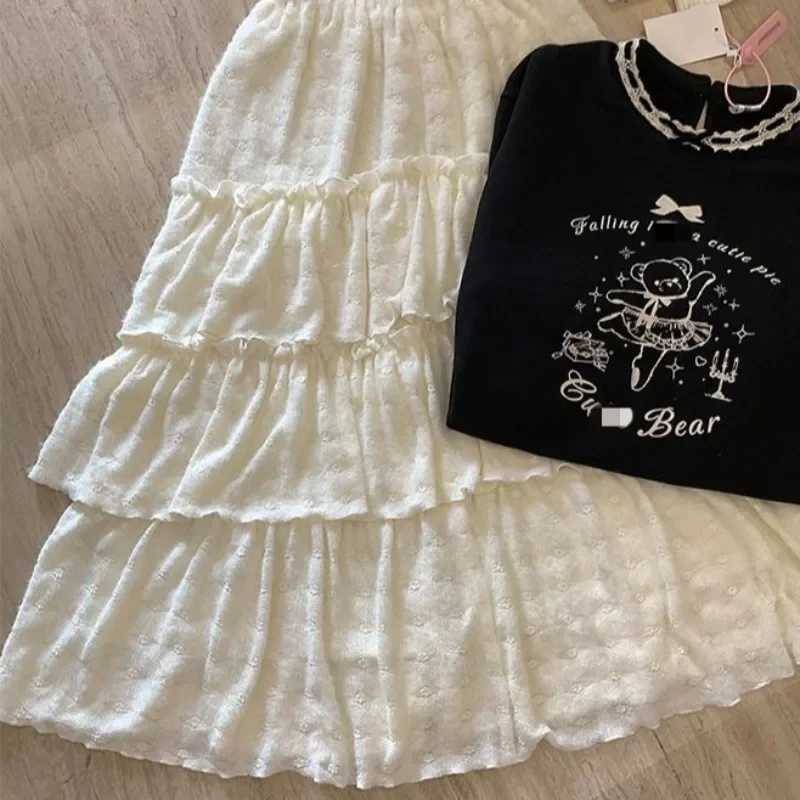 Vintage elegante doce damasco outono inverno saia longa mori estilo menina estética kawaii babados cintura alta uma linha saias femininas