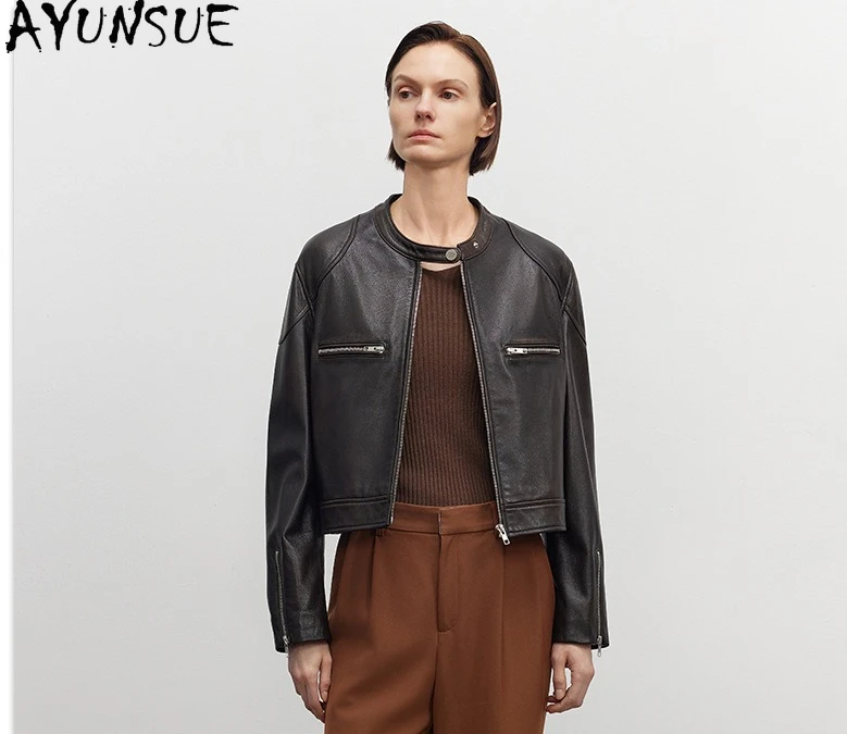 AYUNSUE 진짜 양피 정품 가죽 자켓 여성 Motocycle 코트 스탠드 칼라 여성 자켓 가을 옷 Jaqueta De Couro