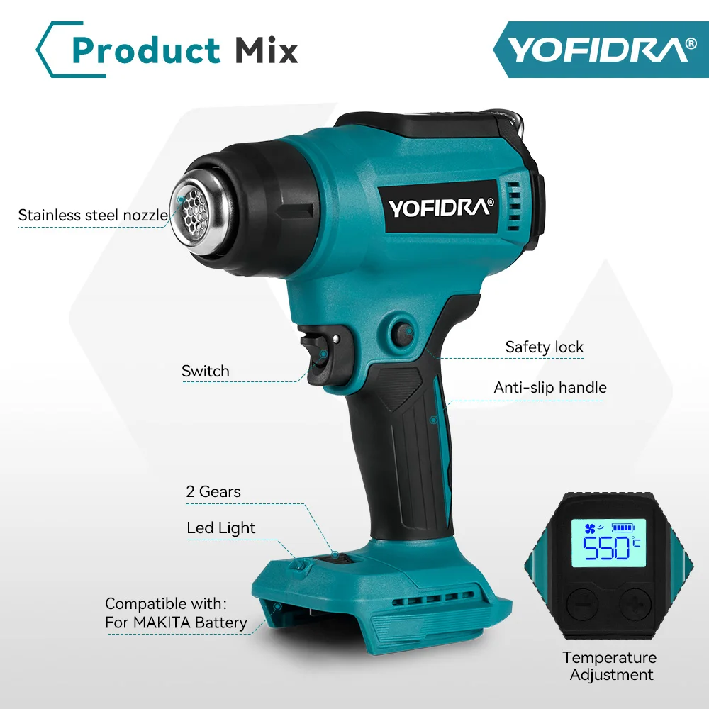 Yofidra 550℃ Hot Air Gun 2 Gears Adjustable LED Display Cordless Rechargeable Industrial Home Tools For Makita 18V Battery