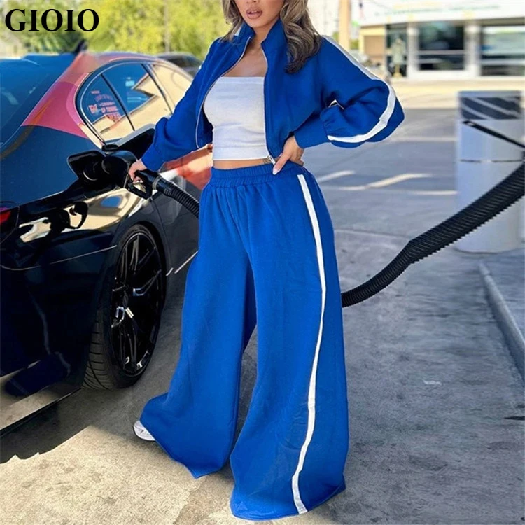 Women 2 Piece Set Tracksuits Fashion Zipper Long Sleeve Sweatshirts Crop Top +Baggy Pants Jogger Suits