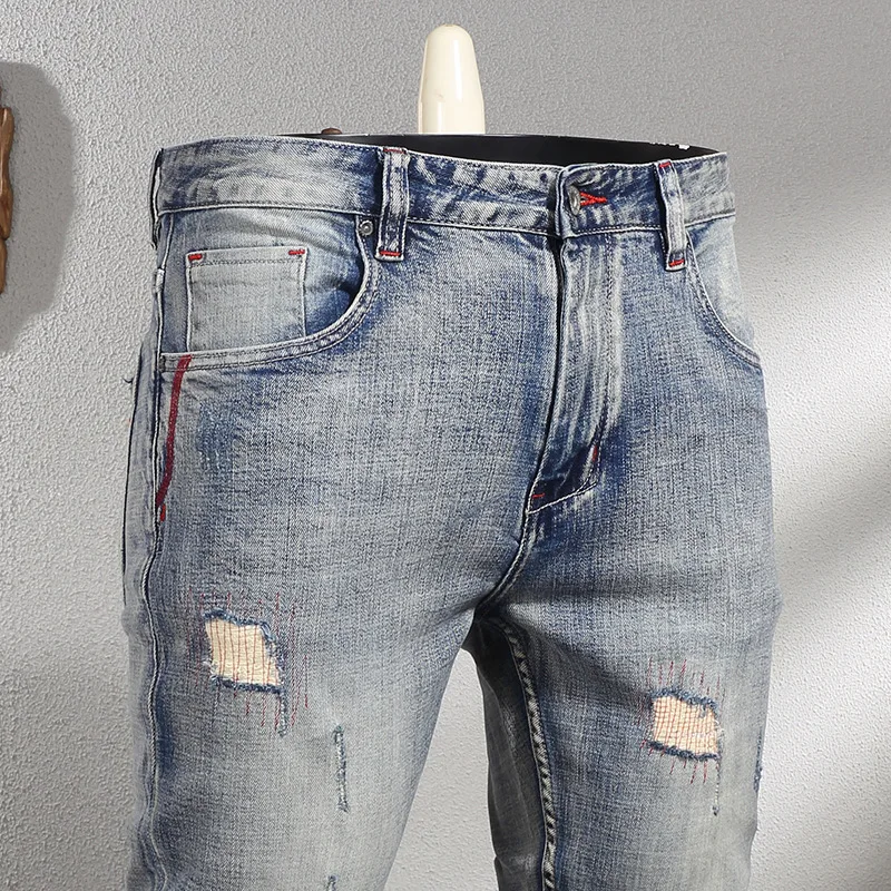 2024 New Men's Light Blue Washed Wear-White Retro Make Old Ripped Patch Jeans Men's Korean-Style Fashion Elastic Trousers