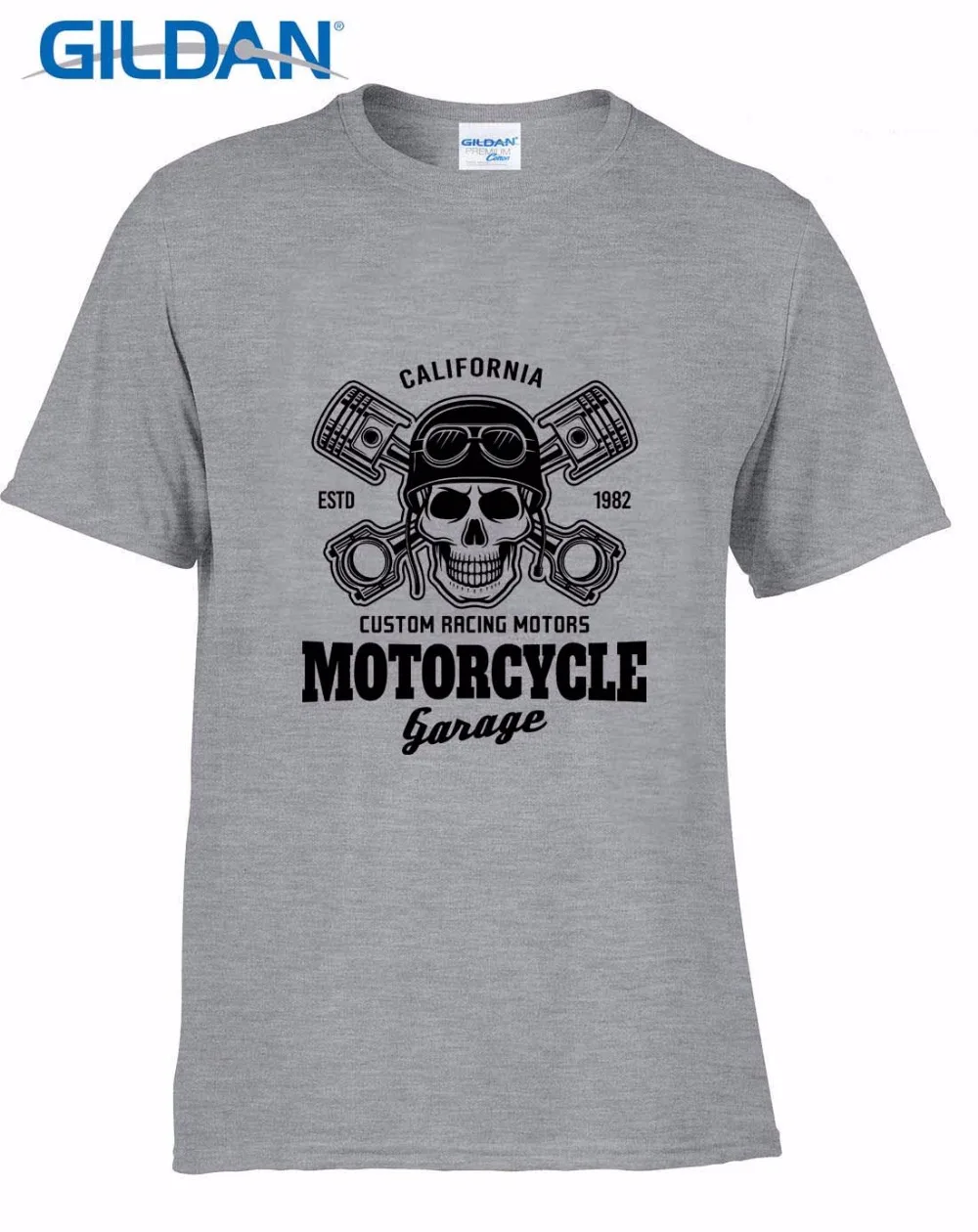 New Fashion Print Man Short Sleeve Tshirt Skull In Helmet And Two Crossed Pistons Motorcycle Garage Biker Tee Shirt Classic