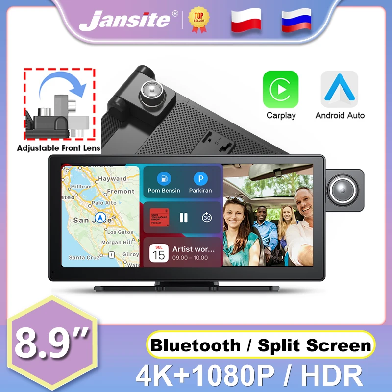 Jansite 8.9-inch Carplay Car DVR 4K+1080P Dashcam Mirror Video Player Android Auto Dual Lens Rear Camera Adjustable Front Cam