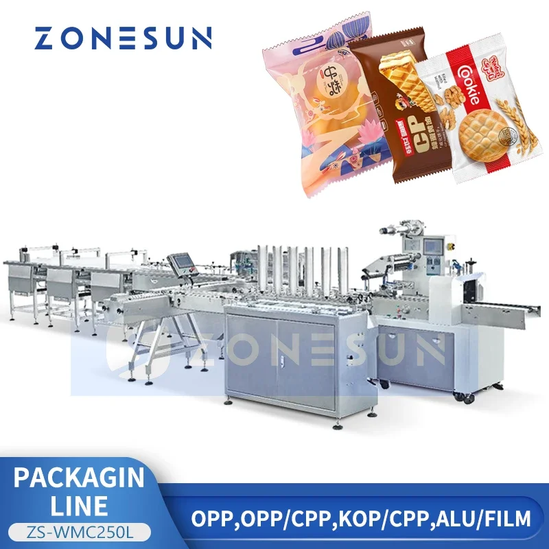 Zonesun آلة تغليف التدفق الأفقي خط التغليف الآلي آلة تعبئة الخبز ZS-WMC250L