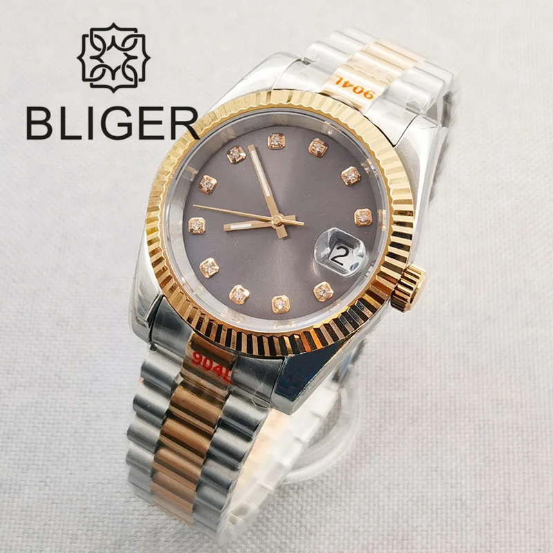 Imagem -03 - Bliger 26 mm 40 mm Amantes Relógio para Homens e Mulheres Relógio de Pulso Mecânico Two-tone Rose Gold Gray Dial Sapphire Glass Jubilee Strap