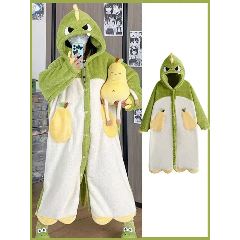 

2024 Winter Pajamas For Women Cartoon Dinosaur Hooded Long Robe Cute Home Wear Sleepwear Thick Flannel Comfy Lounge Bathrobe