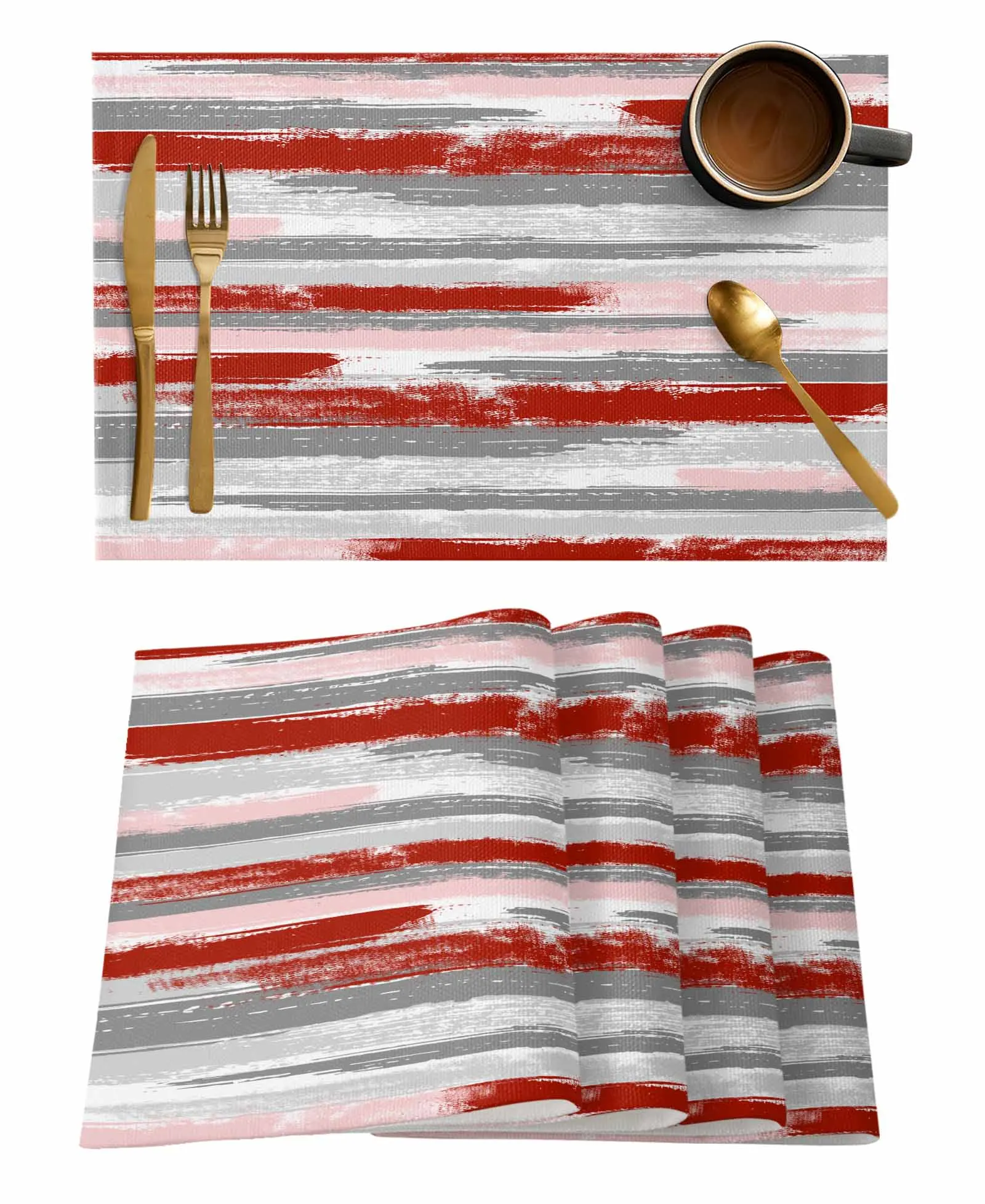 Geometric Lines Paint Brush Red Gray Table Runners For Dining Room Tablecloth 4/6 Pcs Placemats Table Cover