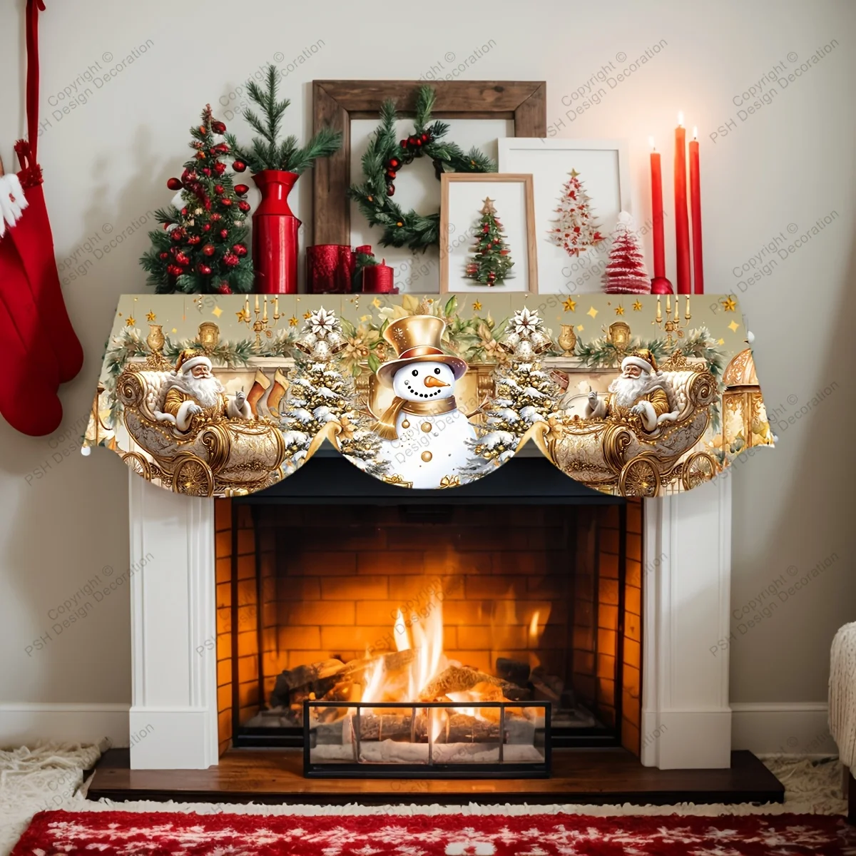 VIKAMA Christmas Fireplace Mantel Scarf Golden Santa Sleigh Snowman Mantel Topper Xmas Fireplace Shelf Cover Holiday Home Decor