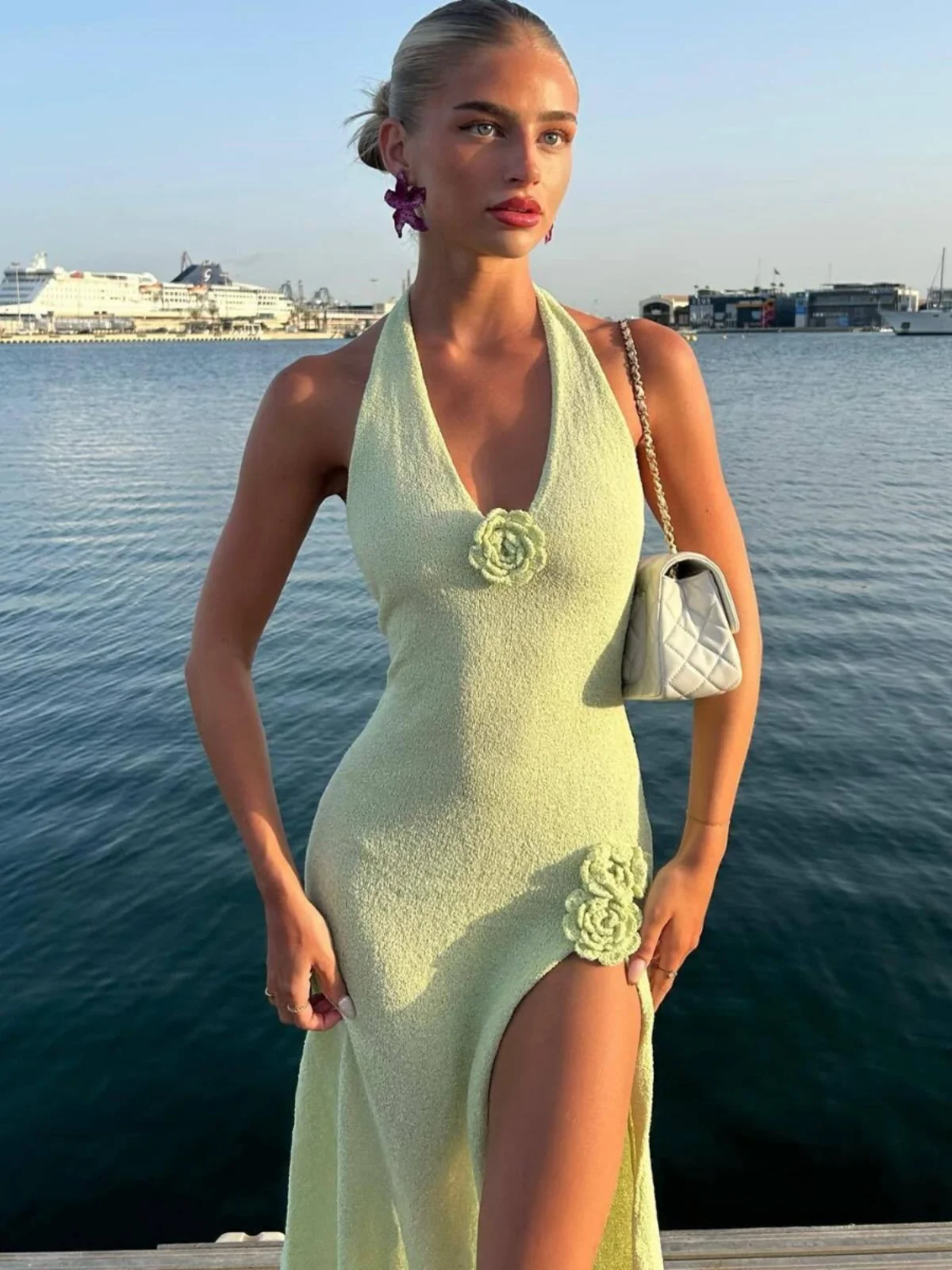 عميق V-Ne Bal طويل محبوك الدكتور مثير عالية الشق ثلاثية الأبعاد زهرة حزام الدكتور جميل بال التفاف Bodycon الصيف الدكتور