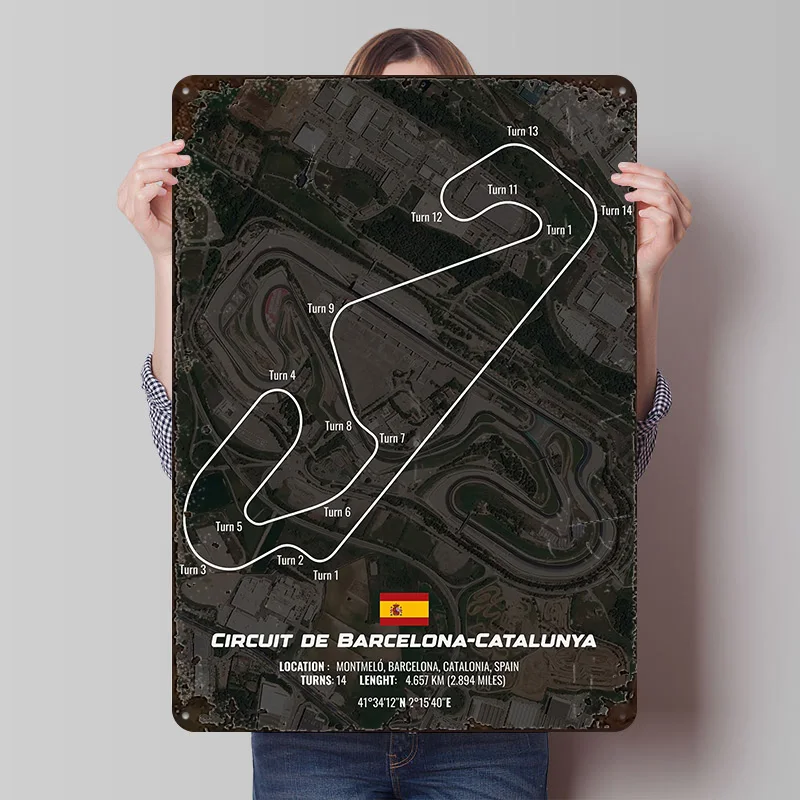 Catalunya Circuit Printed Posters Customizable Wall Art Retro Vintage Metal Tin Signs for Home Room Bedroom Decorations Garden