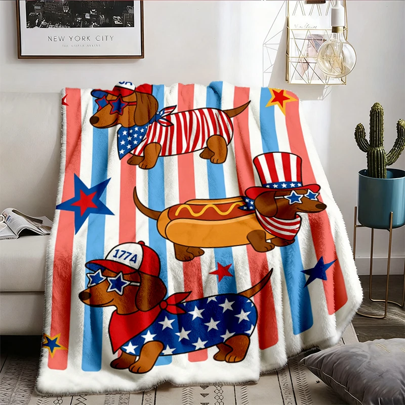 Patriotic Dachshund  Flannel Blanket, Usa Wiener Dog Flannel Throw, 4th Of July Sausage Dog Cozy