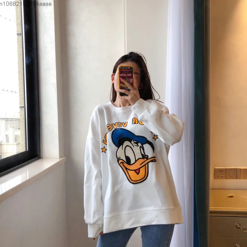 Disney Cartoon Donald Duck Printed Hoodie For Women Spring And Autumn New Korean Version Fashion Loose Versatile Round Neck Top