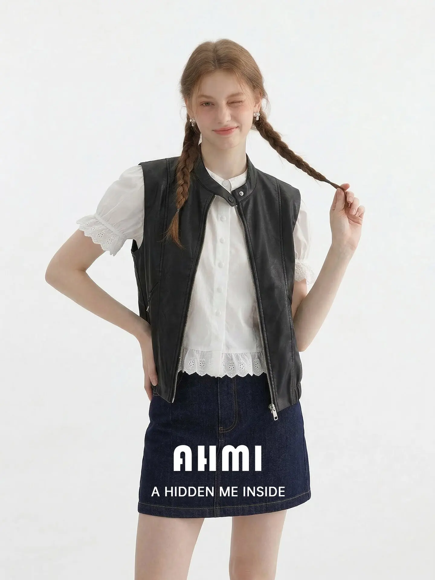 

Модный кожаный жилет AHMI с круглым вырезом и подплечниками, женский летний новый черный жакет без рукавов, топ