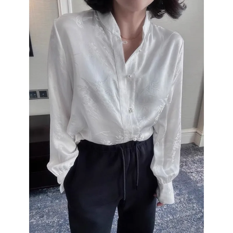 Qweek Vintage Chinese Stijl Wit Shirt Kantoor Koreaanse Stijl Blouse Met Lange Mouwen Minimalistische Luxe Effen Kleur Herfstkleding