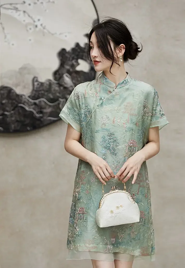 

2025 chinese style women cheongsam short sleeve retro fashion loose embroidery new chinese elegant retro short qipao dress