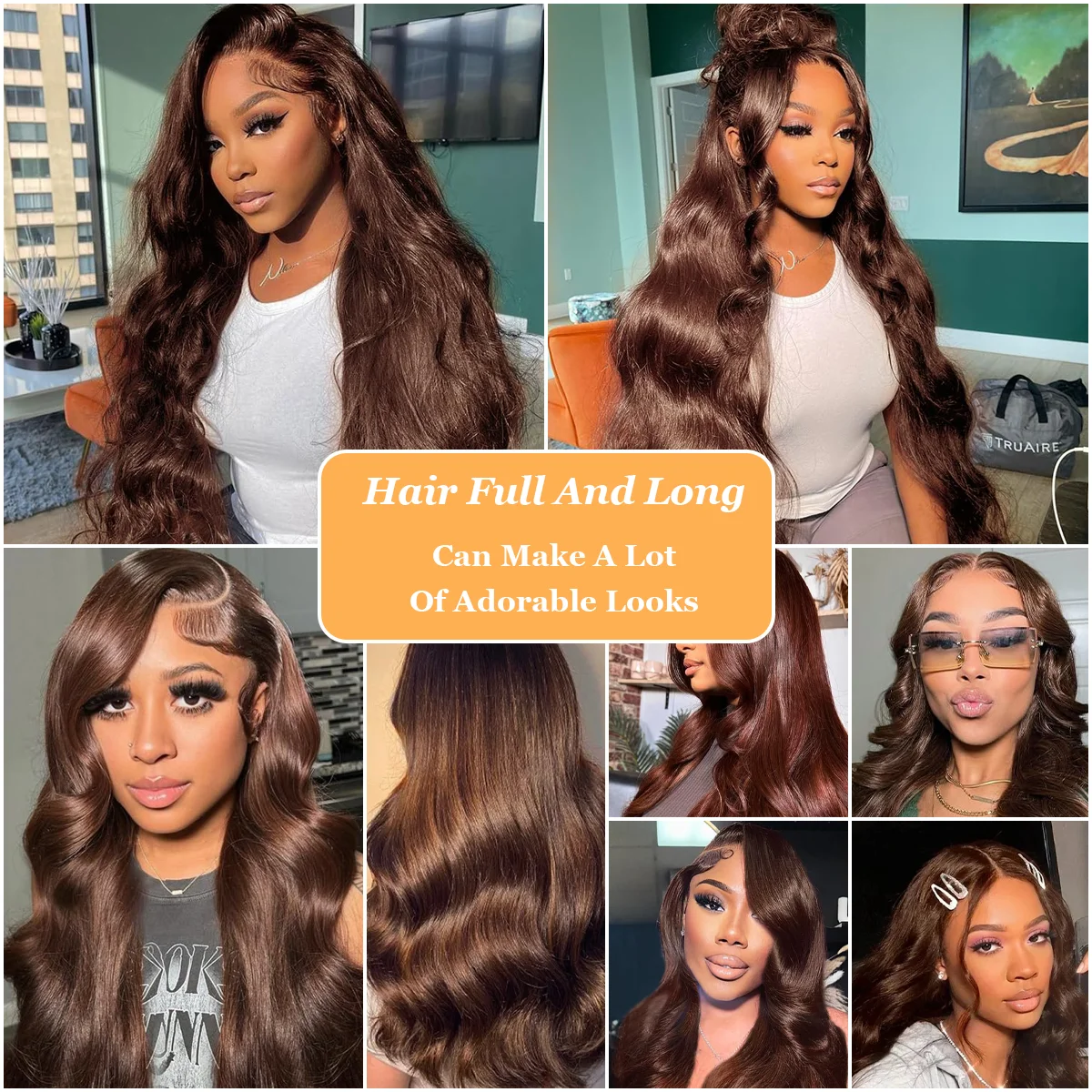 # วิกผมบราซิลแท้สำหรับผู้หญิง สีน้ำตาลช็อกโกแลต 4 เฉด ขนาด 36 นิ้ว ความหนาแน่น 220% แบบลอน Body Wave  พร้อมฐานลูกไม้โปร่งใส HD ขนาด 13*6 และ 13*4
