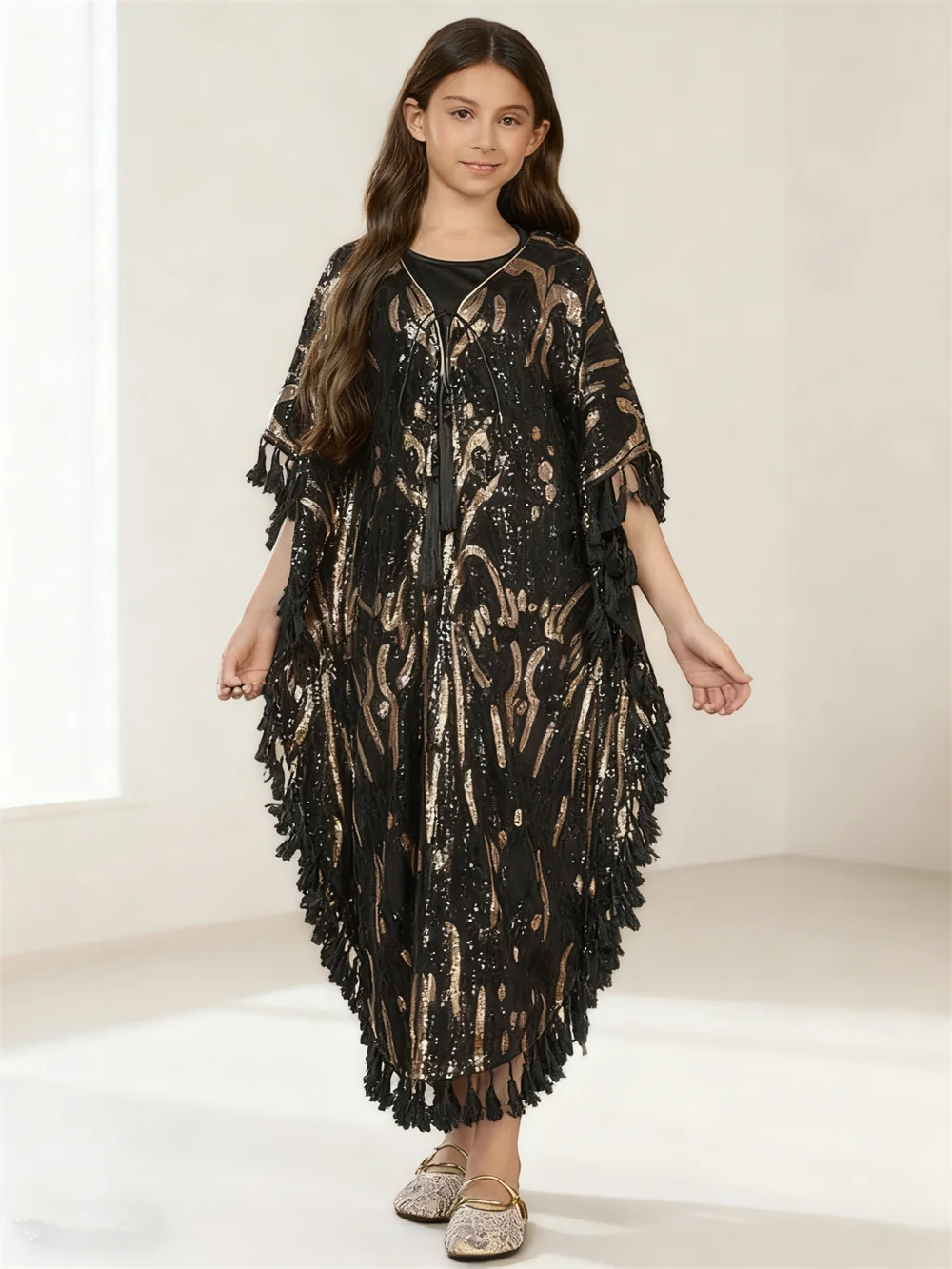 2Pcs Muslim Sets for Girls Sequins Tassel Party Dress Dubai Abaya Turkey Kaftan Morocco Caftan Islam Jalabiya Djellaba Vestidos