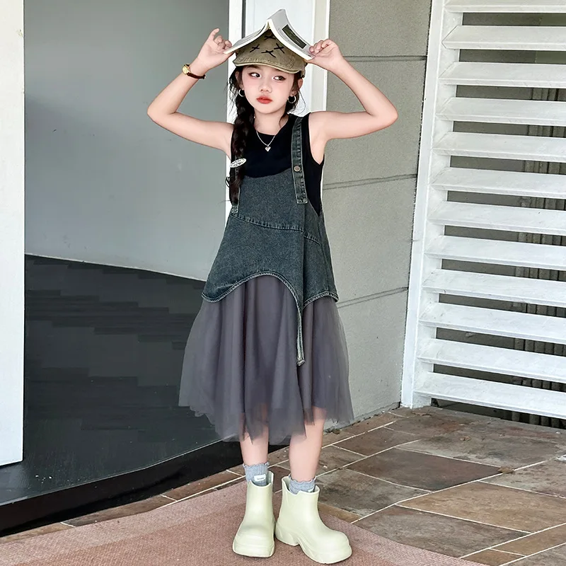Girls Two-piece Set 2024 New Summer Childrens Clothing CuHK Childrens Summer Clothing Loose Vest Two-piece Set Leisure Simple image 3