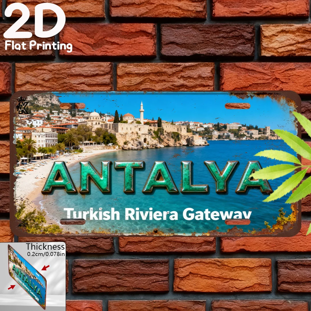 2D Flat- 1pc 2D Flat Printing Retro Plate| Antalya Turkish Riviera Gateway Scenery, Decorative Plaque And Statues (15.24Cm X 30.