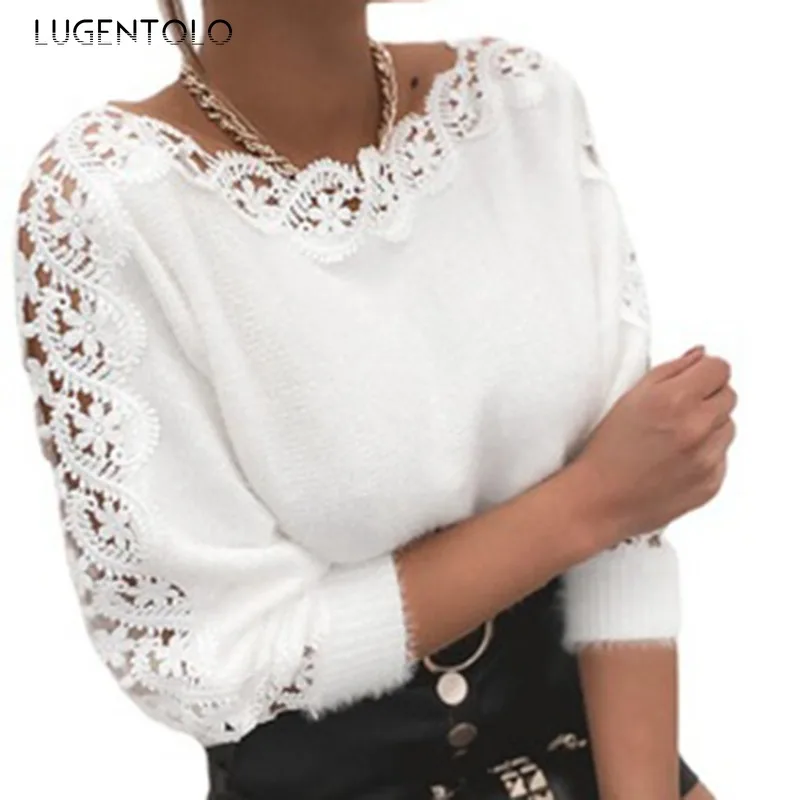 

Women Lace Knitted Sweater V-neck White Autumn Winter Hollow Sexy Long Sleeve New Female Casual Pullover Clothing