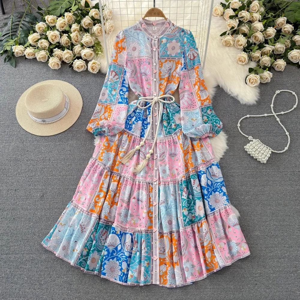 

2024 New Spring Summer Flower Print Women Palce Style Stand Collar Single Breasted Belt Lantern Sleeve Holiday Beach Boho Dresse