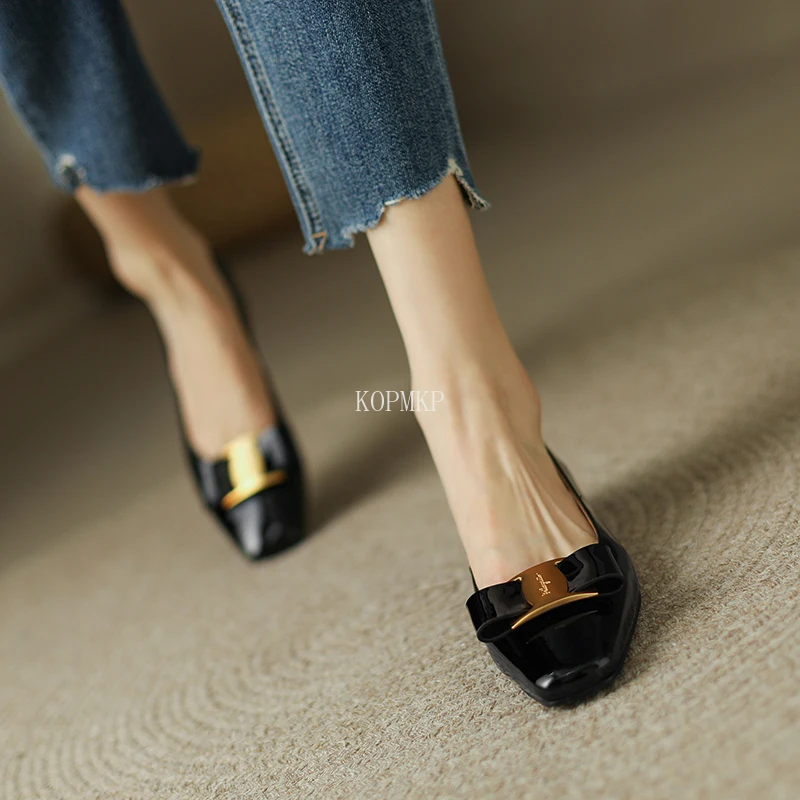 Woman Shoes Flats Elegantes Dress Shoes Patent Leather Slip on Boat Shoes Square Toe Office Ladies Bowtie Zapatillas Mujer