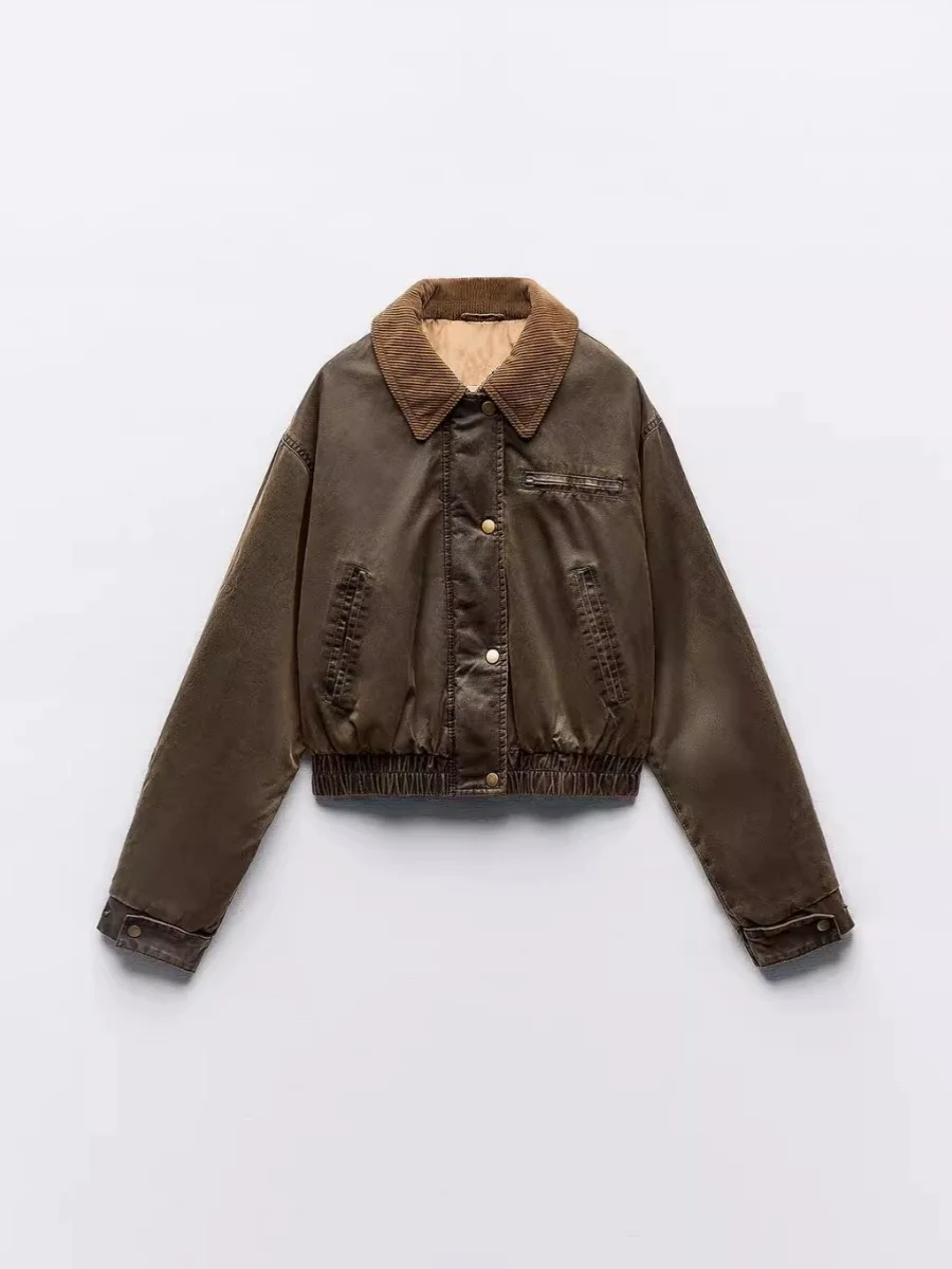 

Retro Sle Women's Leather Jaet Pilot Coat Stand Collar Zipper ort Outerwear Polyester Fiber Long Sve Resistant to De...