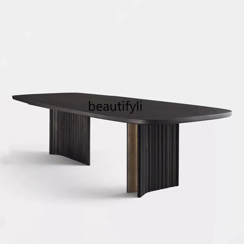 

Nordic minimalist household solid wood dining table, simple industrial style desk, modern Chinese metal black conference table
