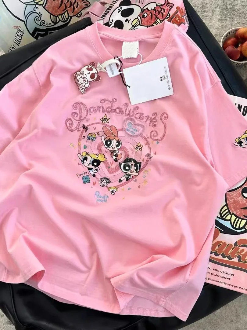 Pure Cotton ort Sve T-irt ex Printed Design Korean Sle Loose Fit Summer Wear Moisture ng round Ne Top