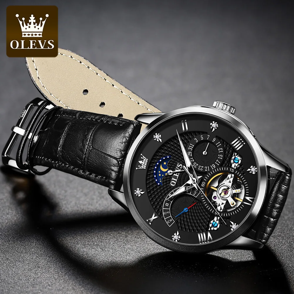 OLEVS 6652 ساعات للرجال الجوف القمر المرحلة التقويم القمر المرحلة مضيئة الهيكل العظمي دولاب الموازنة التلقائي الميكانيكية ساعات رجالية