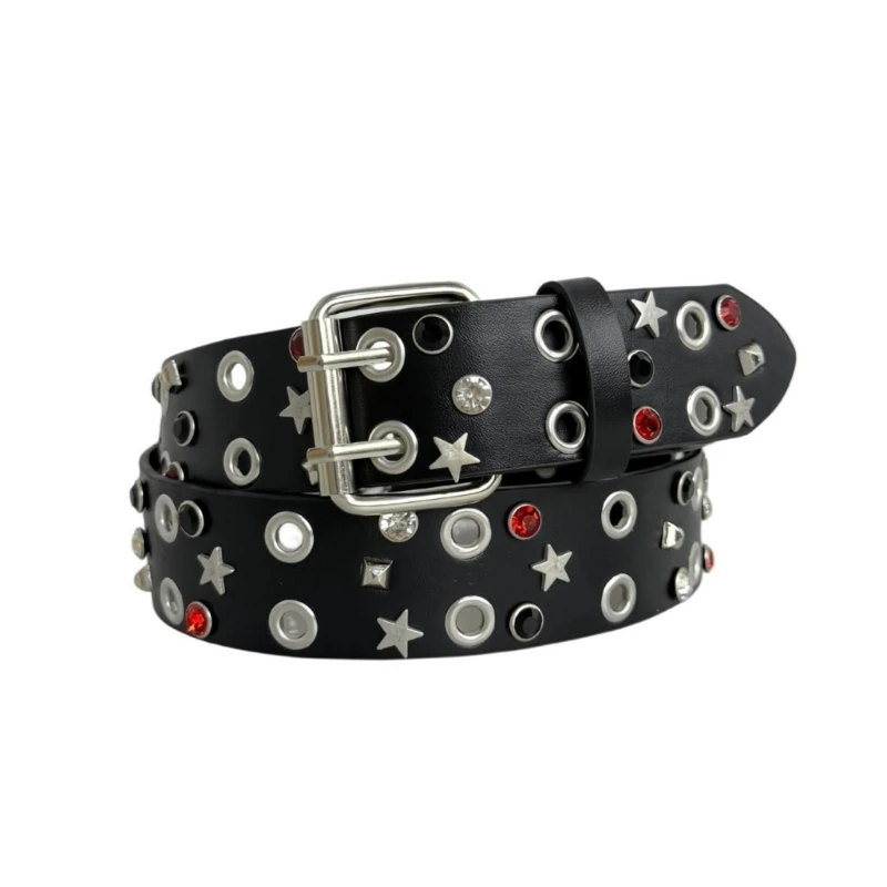 Gothic Punk Crystal Waist Belt Metal Eyelet Hollow Design Casual Faux Leather