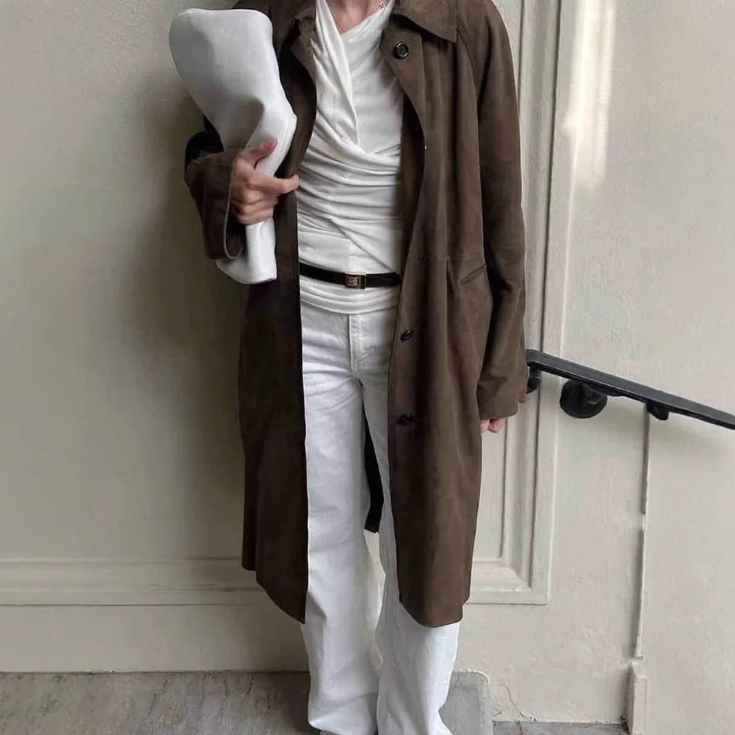 Outono e inverno retro marrom camurça casaco feminino longo high-end solto lapela jaqueta commuter roupas femininas