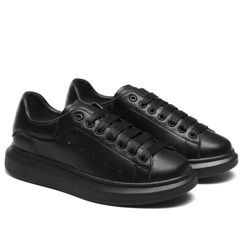 

large size mens casual flats platform shoes lace-up genuine leather shoe breathable black white sneakers street stylish footwear