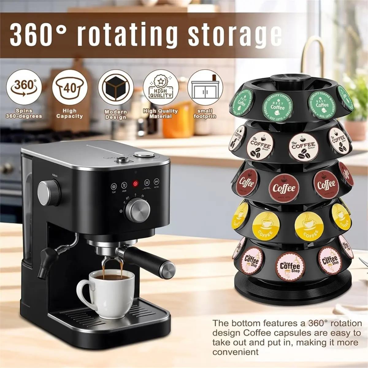 

【AT48】 НОВЫЙ держатель для капсул K-Cup, органайзер для кофейных капсул на 40 штук с поворотом на 360° ° Вращающаяся подставка для хранения капсул K-Cup, экономящая пространство