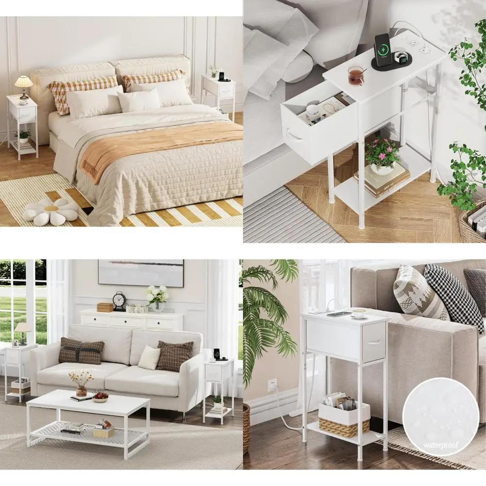 

Set of 2 White Charging Station Nightstands: Slim Side Tables for Bedrooms and Small Spaces