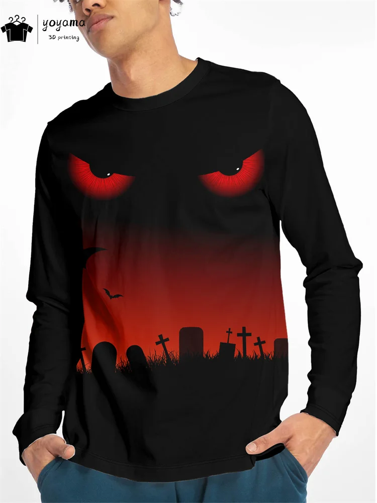 Halloween Print T-shirt Horror Graphic T shirts Round Neck Men's Long Sleeves T-shirt Casual Mens Clothing Street Clothing Tops