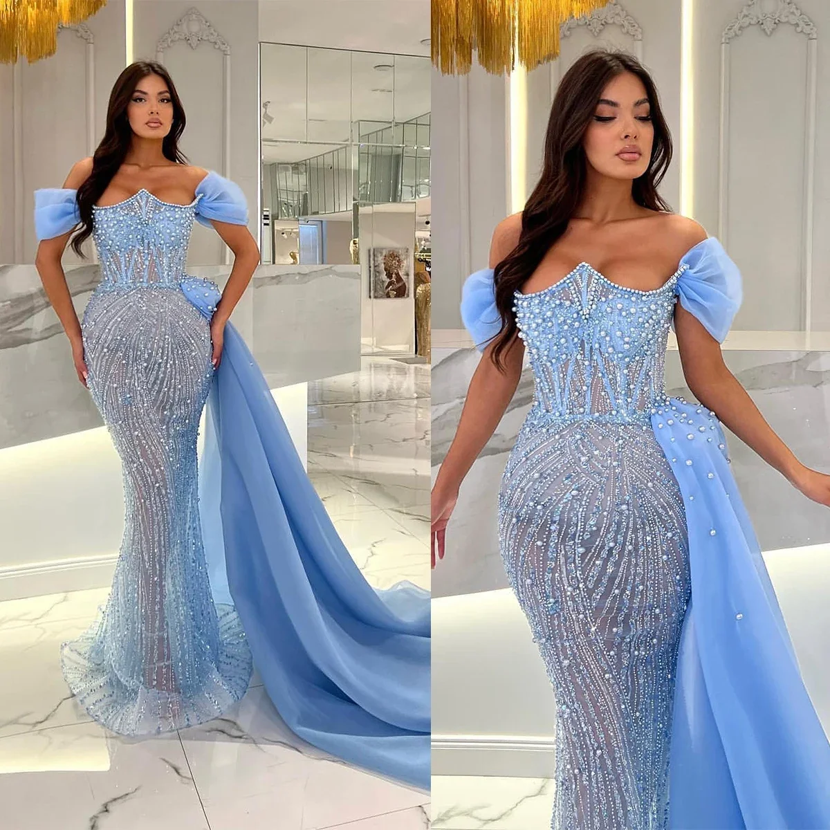 Vestidos de fiesta azules elegantes para mujer, vestidos de noche con hombros descubiertos, lentejuelas y perlas, vestidos de fiesta personalizados 2025