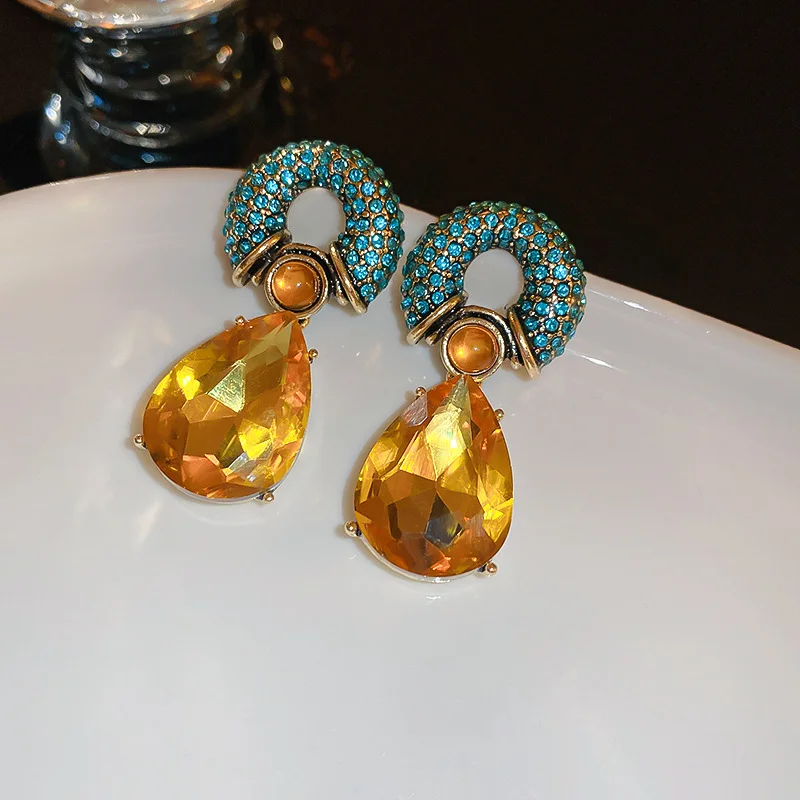 Women's Vintage Blue Water Drop Crystal Clip Earrings